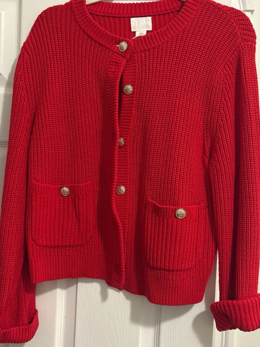 H&M Red Women's Button-Front Knit Cardigan Sweater